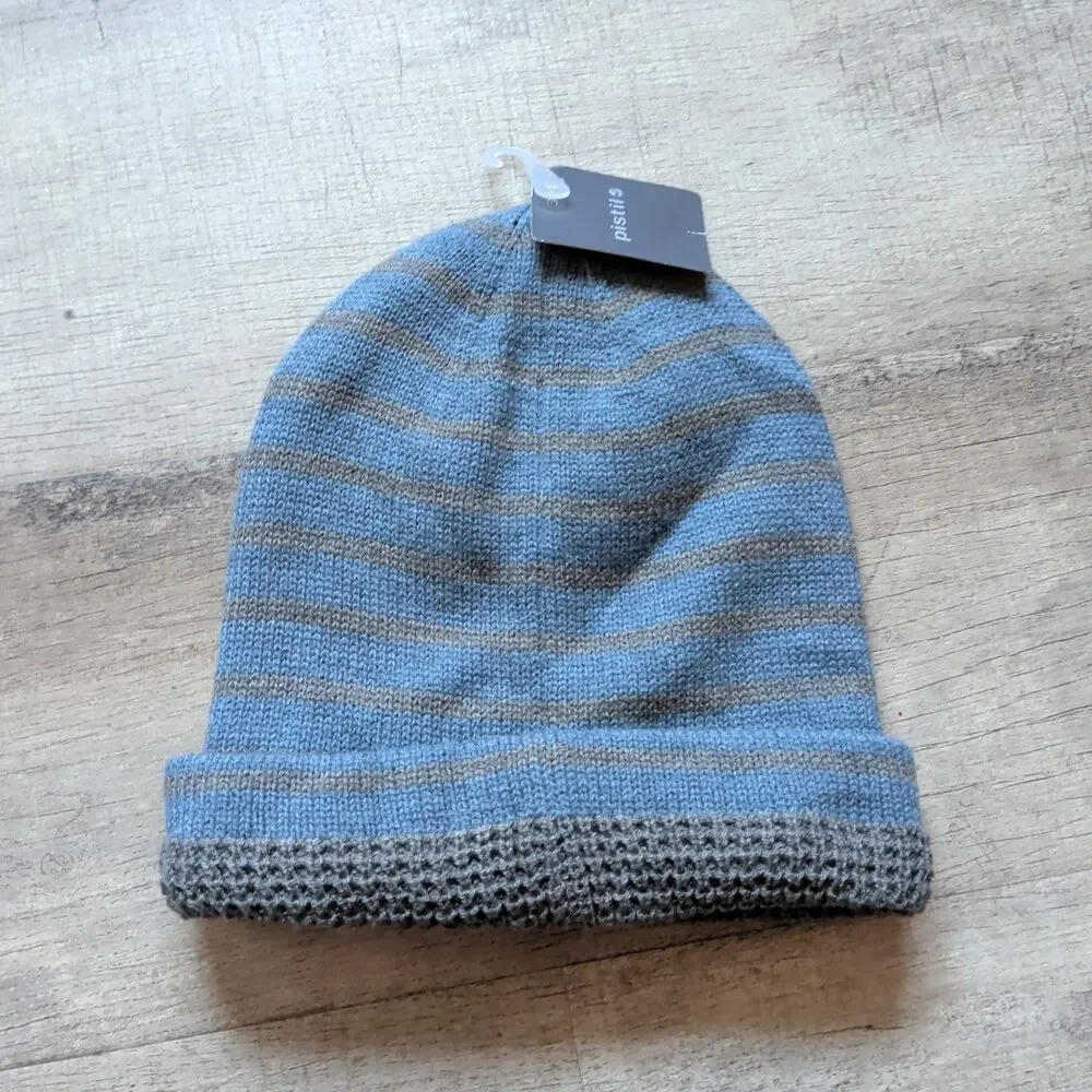 Pistil Leslie Slouchy Beanie Hat Blue Grey Striped Knit Cuffed NWT